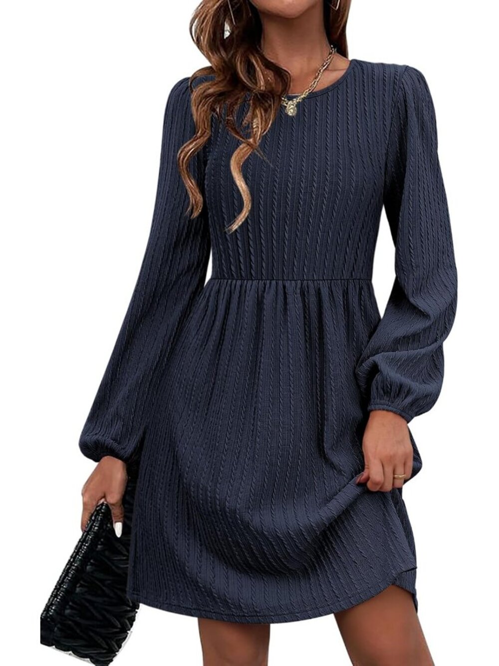 Cozy A-Line Sweater Dress with Pockets, Long Sleeve Crew Neck for Winter 2025
